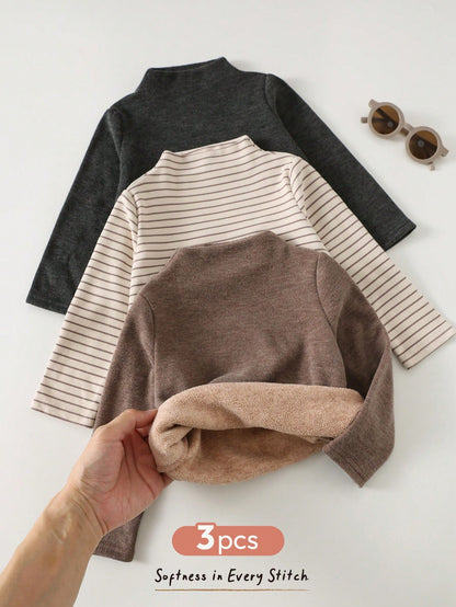 Cozy Pixies Baby Boy Baby Boy Thermal Lined Thick High Neck Long Sleeve T-Shirt Base Layer Knit Top, Fall And Winter Clothes, Comfortable Skin-Friendly Versatile Casual Daily Fashion Cute, Suitable Fo