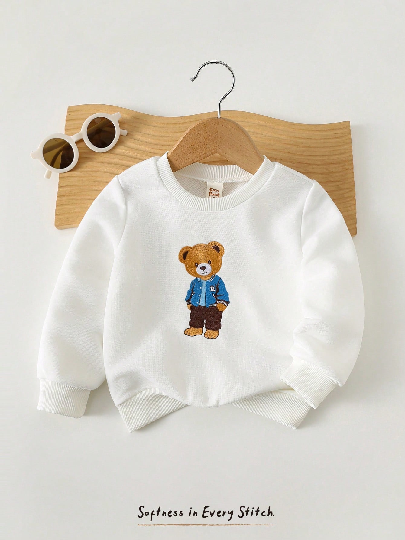 Cozy Pixies Baby Boy Cartoon Bear Pattern Crew Neck Long Sleeve Pullover Sweatshirt Clothes With Full T-Shirt Print Autumn Top
