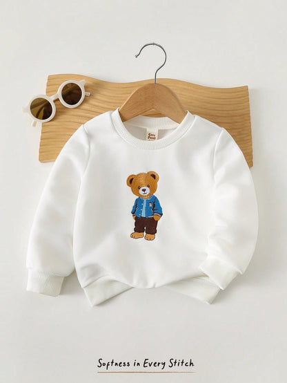 Cozy Pixies Baby Boy Cartoon Bear Pattern Crew Neck Long Sleeve Pullover Sweatshirt Clothes With Full T-Shirt Print Autumn Top