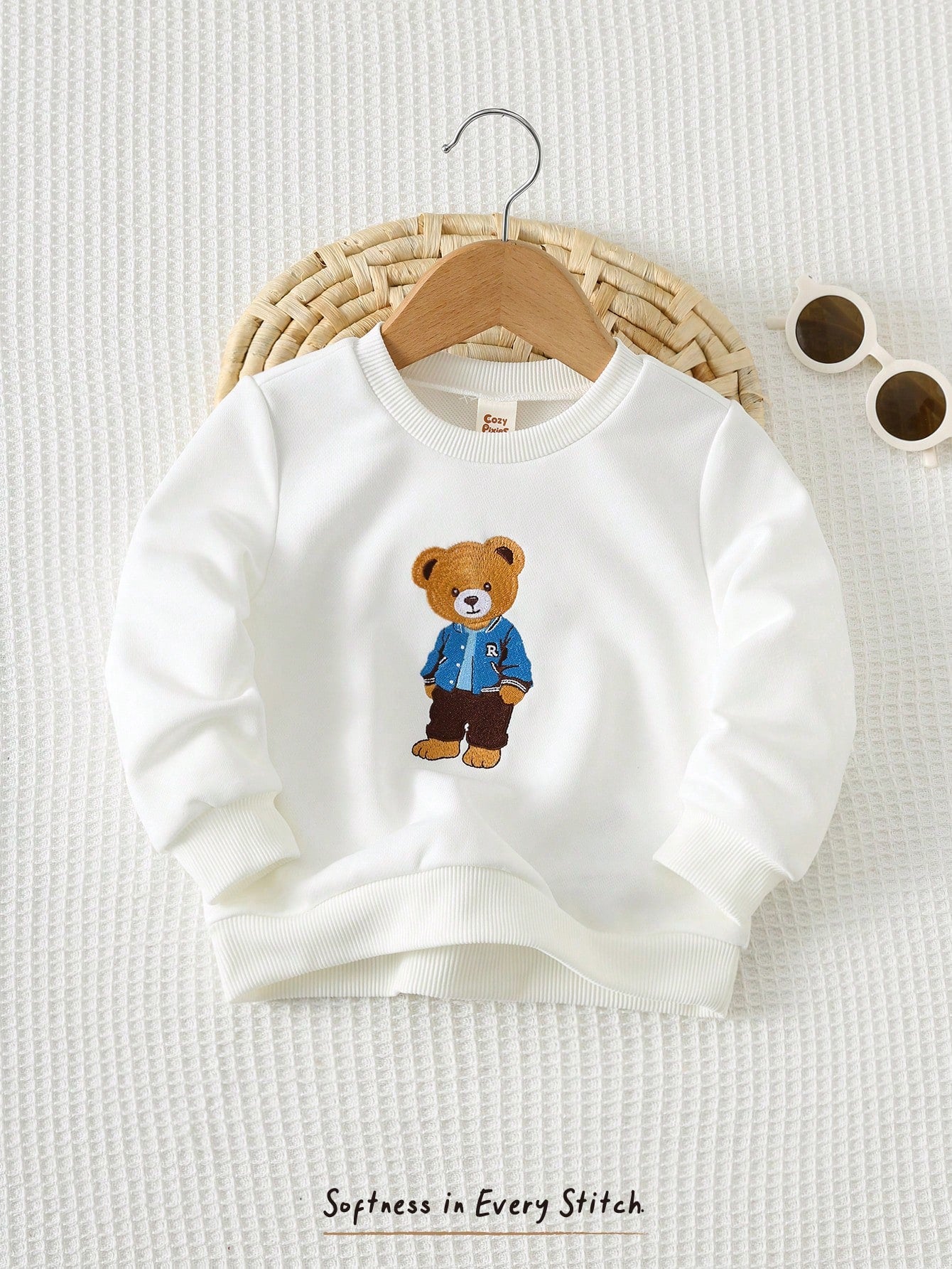 Cozy Pixies Baby Boy Cartoon Bear Pattern Crew Neck Long Sleeve Pullover Sweatshirt Clothes With Full T-Shirt Print Autumn Top