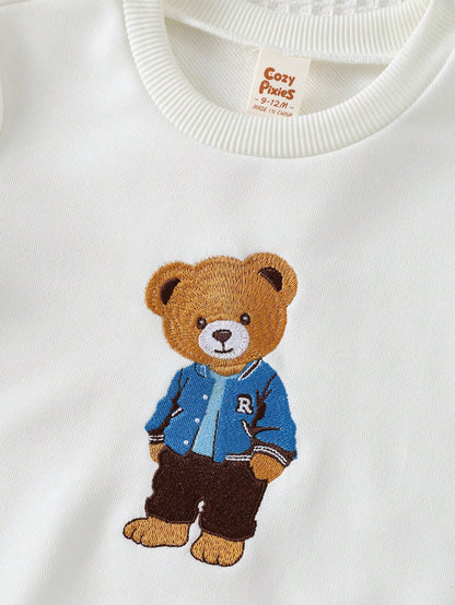 Cozy Pixies Baby Boy Cartoon Bear Pattern Crew Neck Long Sleeve Pullover Sweatshirt Clothes With Full T-Shirt Print Autumn Top