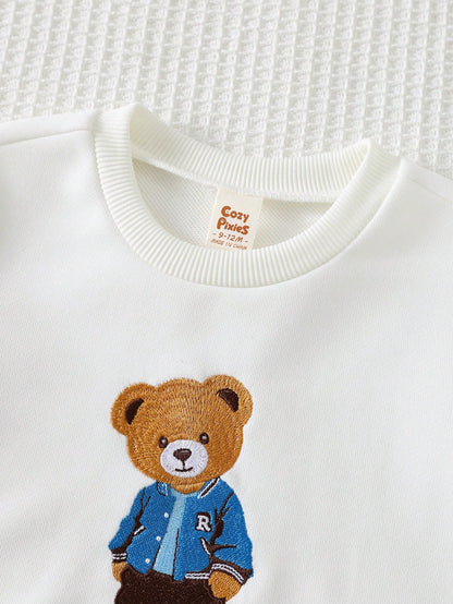 Cozy Pixies Baby Boy Cartoon Bear Pattern Crew Neck Long Sleeve Pullover Sweatshirt Clothes With Full T-Shirt Print Autumn Top