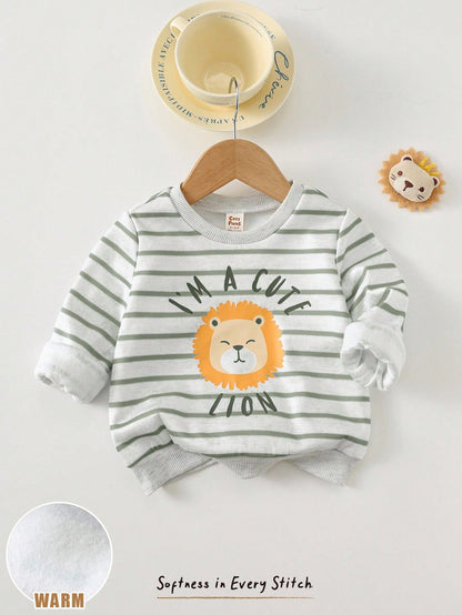 Cozy Pixies Baby Boy Cartoon Bear Pattern Crew Neck Long Sleeve Pullover Sweatshirt Clothes With Full T-Shirt Print Autumn Top