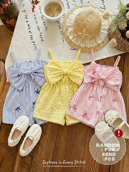 Cozy Pixies Baby Girl Baby Girl Cute Casual Summer Blue & White Striped Bow Strap Romper