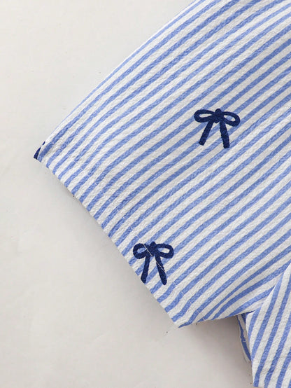 Cozy Pixies Baby Girl Baby Girl Cute Casual Summer Blue & White Striped Bow Strap Romper