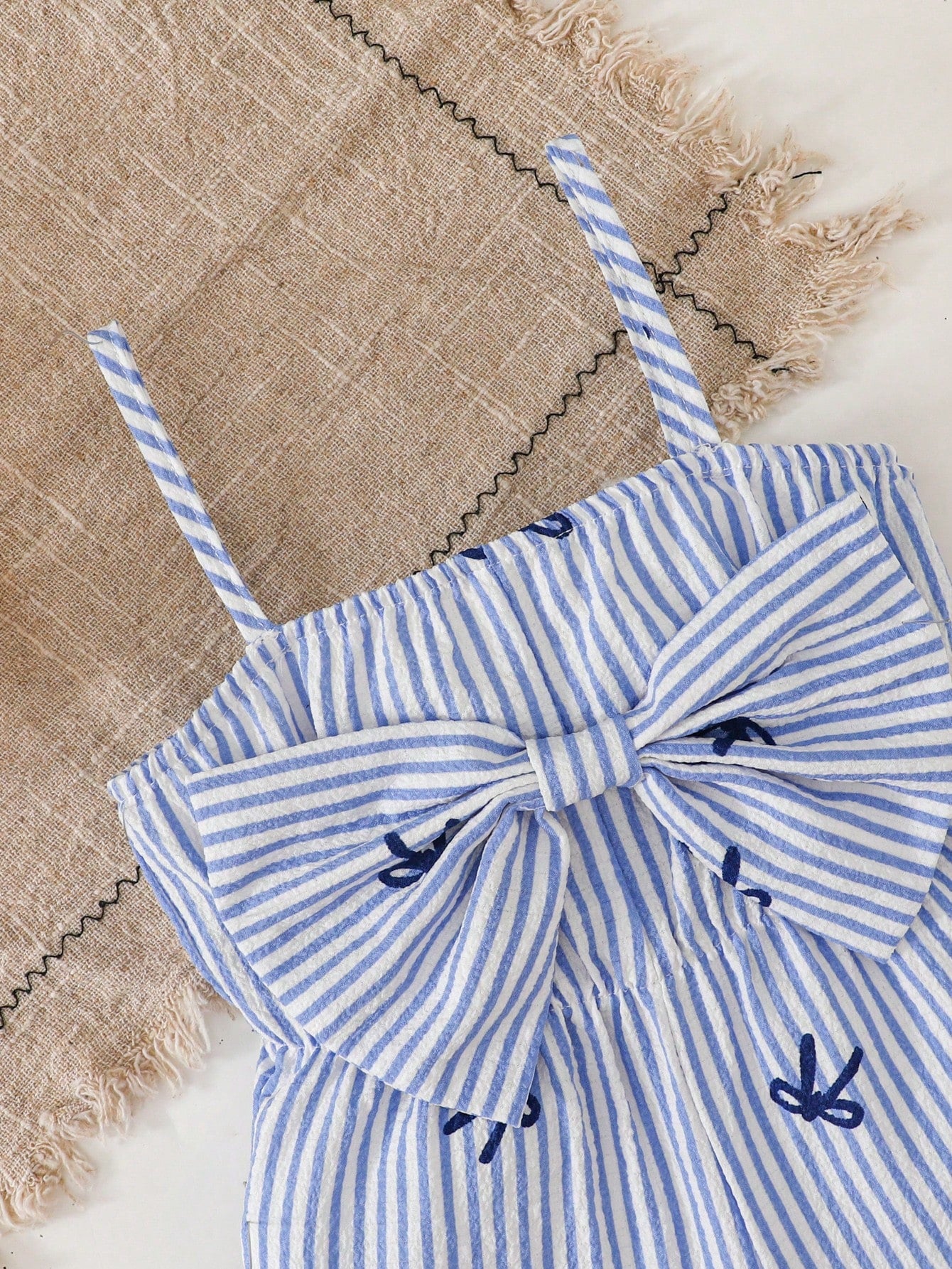 Cozy Pixies Baby Girl Baby Girl Cute Casual Summer Blue & White Striped Bow Strap Romper