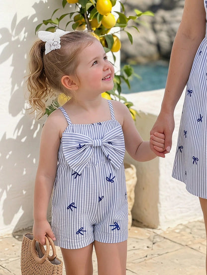 Cozy Pixies Baby Girl Baby Girl Cute Casual Summer Blue & White Striped Bow Strap Romper