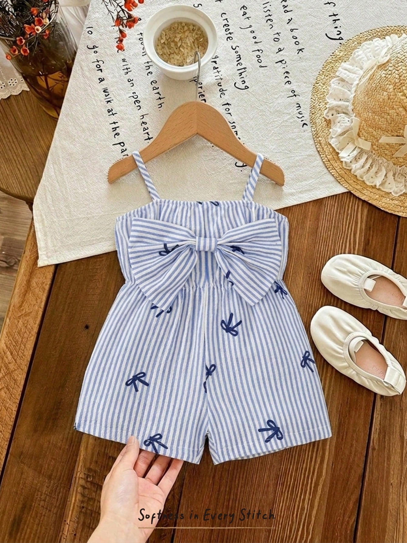 Cozy Pixies Baby Girl Baby Girl Cute Casual Summer Blue & White Striped Bow Strap Romper