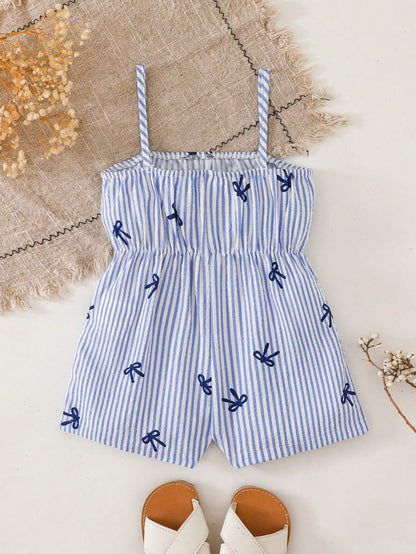 Cozy Pixies Baby Girl Baby Girl Cute Casual Summer Blue & White Striped Bow Strap Romper