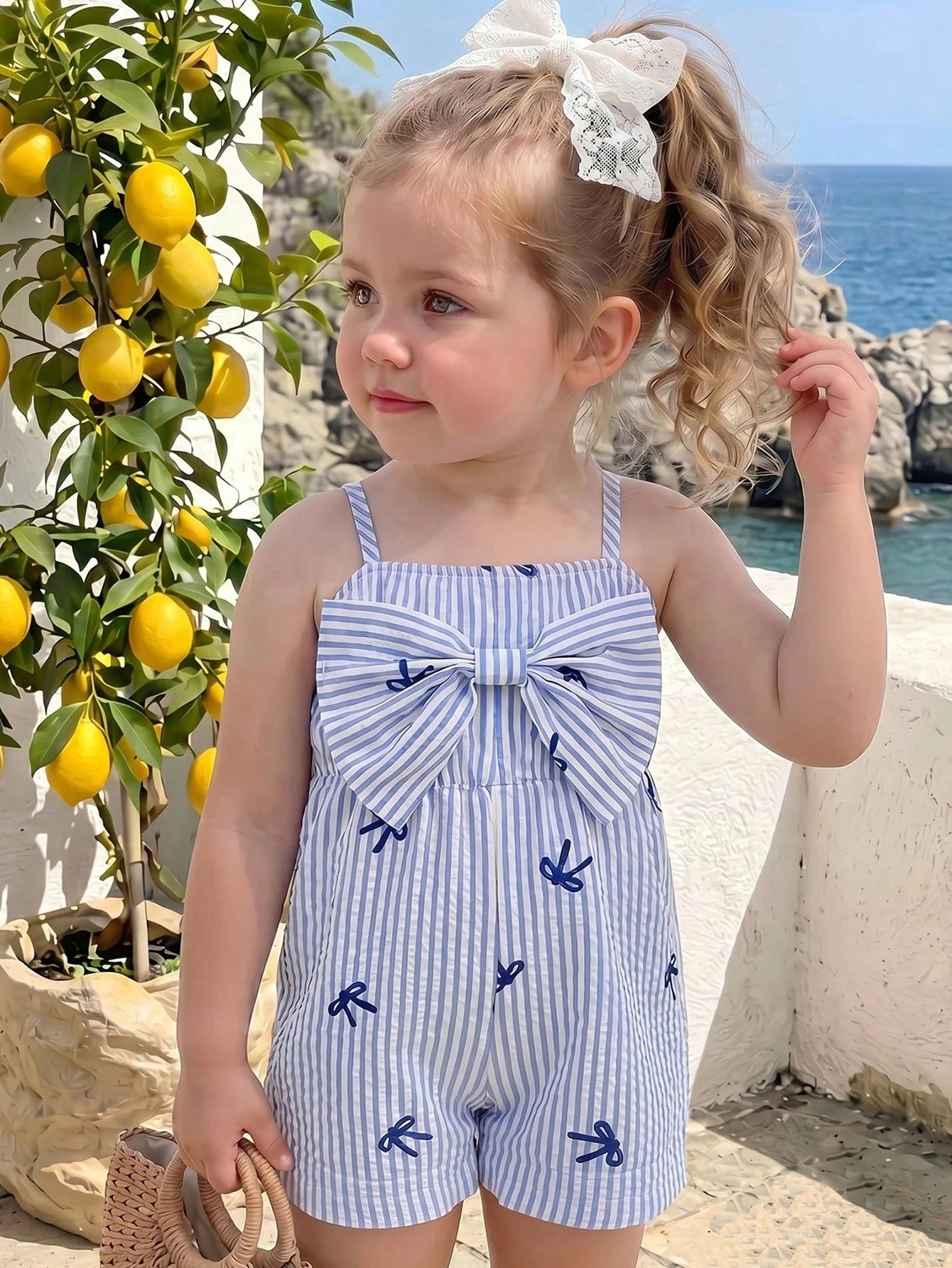 Cozy Pixies Baby Girl Baby Girl Cute Casual Summer Blue & White Striped Bow Strap Romper