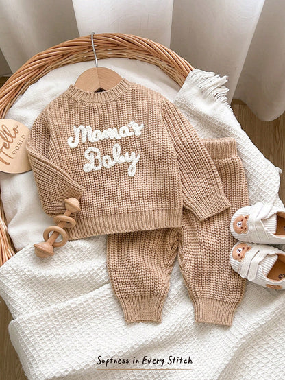 Cozy Pixies Newborn Baby Boy Baby Girl Letter Pattern Knit Soft Crew Neck Long Sleeve Pullover Autumn Top Elastic Waist Long Pants Sweater 2 Pieces Set
