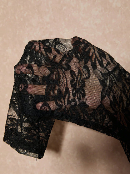 Cravure Plus Size Women's Black Cold Shoulder Top,Elegant Mesh Lace Patchwork,Autumn Formal T-Shirt,Embroidered Strap,Evening Night Out Club Fall