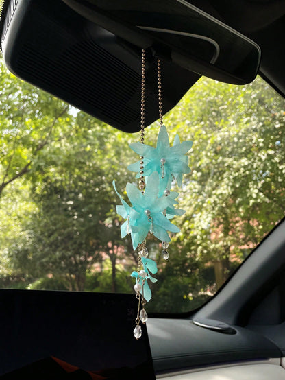 Creative Blue Tassel Flower Car Hanging Ornament, Rearview Mirror Decoration, Car Interior Hanging Decor, Automotive Decorative Accessory