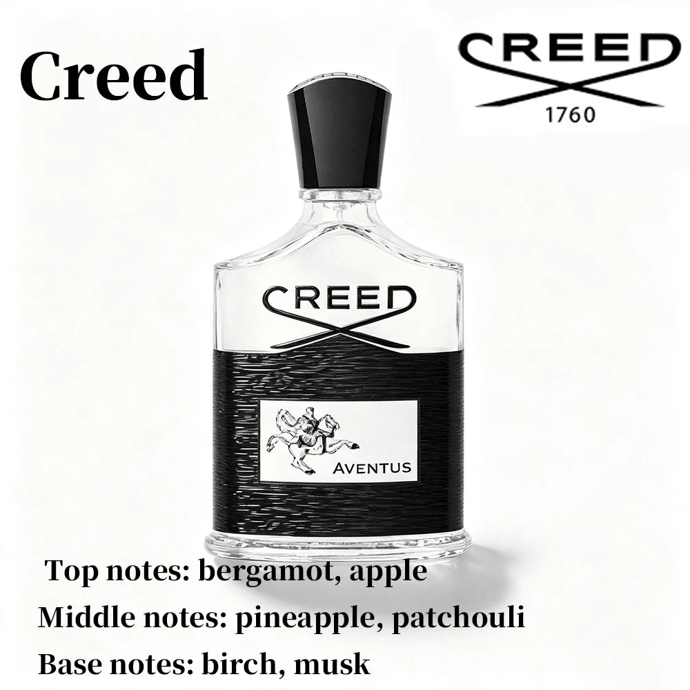 Creed Aventus EDP 100ml Top Notes: Bergamot, Apple Middle Notes: Pineapple, Patchouli Base Notes: Birch, Musk Men's Perfume In A Transparent Textured Black Bottle