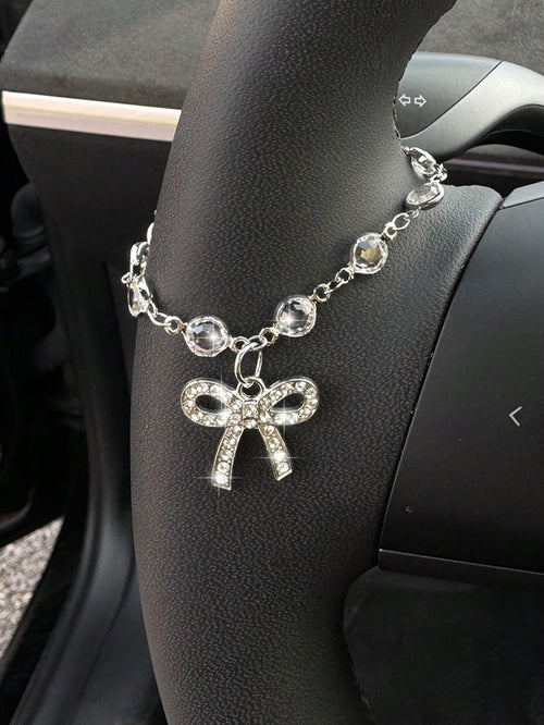 Crystal Rhinestone Bowknot Car Pendant, Rearview Mirror Hanging Decor