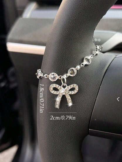 Crystal Rhinestone Bowknot Car Pendant, Rearview Mirror Hanging Decor