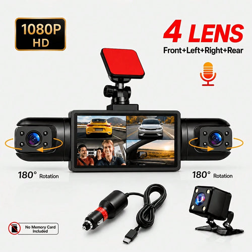 Curear 4-Channel Panoramic Dashcam, 1080P HD Front Camera, Multi-View Recording (Front/Left/Right/Rear), 180° Rotatable Left And Right Lenses, Enhanced Night Vision, Collision Detection Locking, Motio