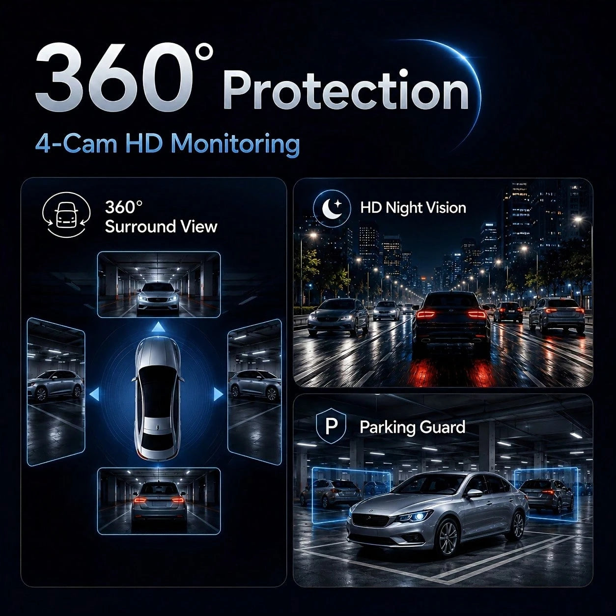 Curear 4-Channel Panoramic Dashcam, 1080P HD Front Camera, Multi-View Recording (Front/Left/Right/Rear), 180° Rotatable Left And Right Lenses, Enhanced Night Vision, Collision Detection Locking, Motio