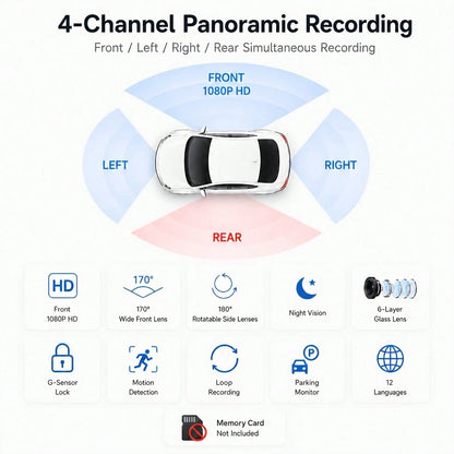 Curear 4-Channel Panoramic Dashcam, 1080P HD Front Camera, Multi-View Recording (Front/Left/Right/Rear), 180° Rotatable Left And Right Lenses, Enhanced Night Vision, Collision Detection Locking, Motio