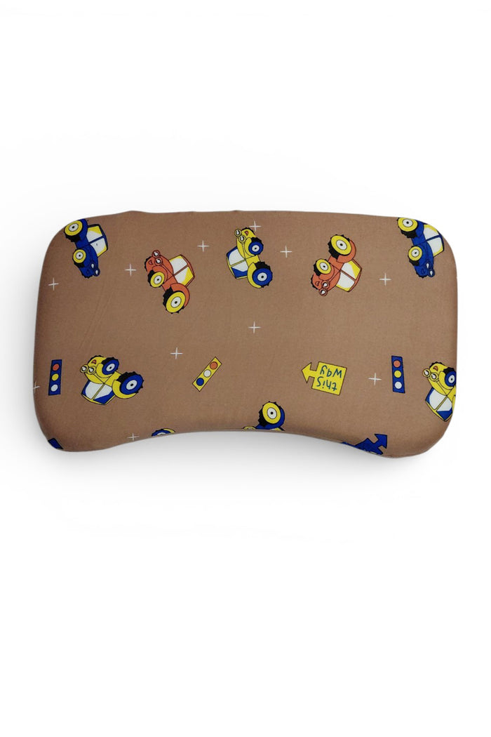 Curve Contour Memory Foam Kids Pillow |Toddler Memory Foam Pillow for 12 Months Plus - Brown Wheels