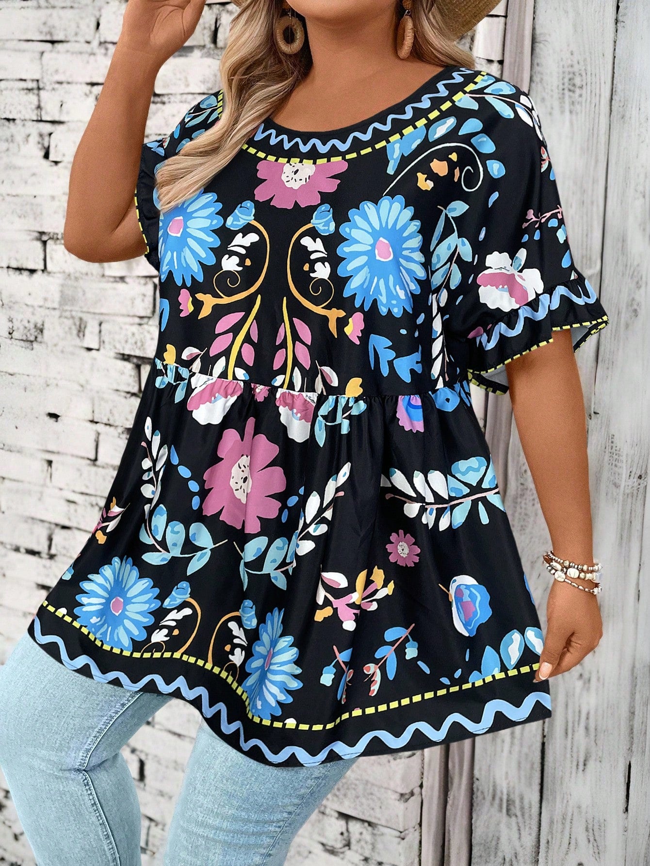 CURVE+ Plus Size Flower Print Casual Vacation Shirt Summer/Country/Beach Vacation/Beach Wear