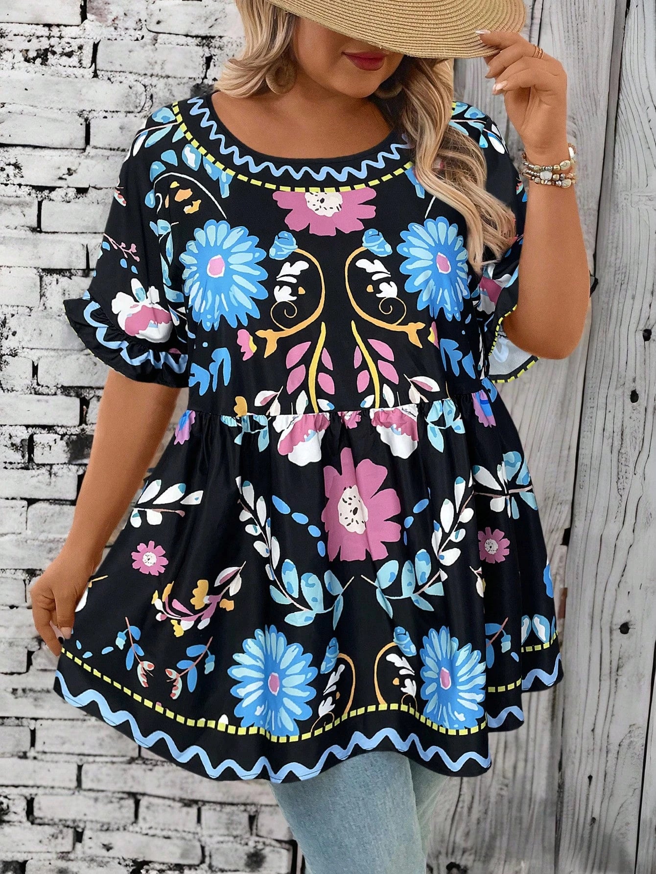 CURVE+ Plus Size Flower Print Casual Vacation Shirt Summer/Country/Beach Vacation/Beach Wear