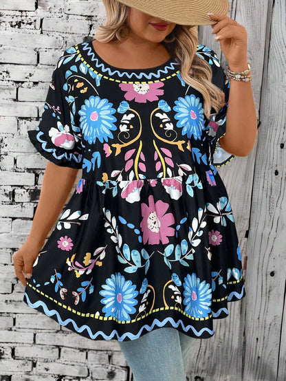 CURVE+ Plus Size Flower Print Casual Vacation Shirt Summer/Country/Beach Vacation/Beach Wear