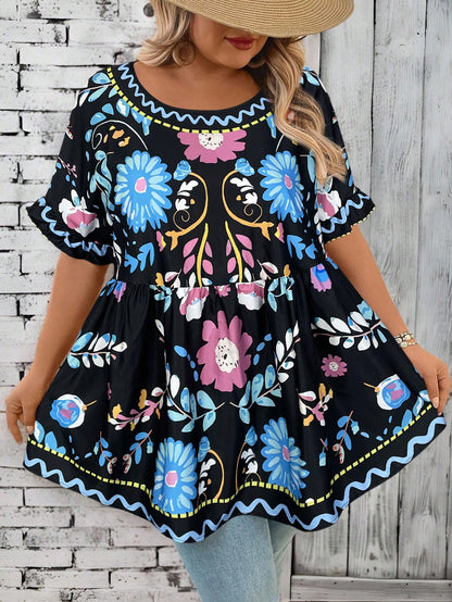 CURVE+ Plus Size Flower Print Casual Vacation Shirt Summer/Country/Beach Vacation/Beach Wear