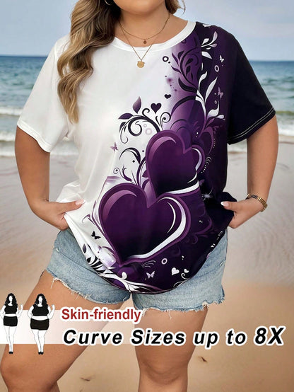 CURVE+ Plus Size Heart Ombre Printed Short Sleeve T-Shirt Vacation Bussines Black And White Summer Casual Whimsical