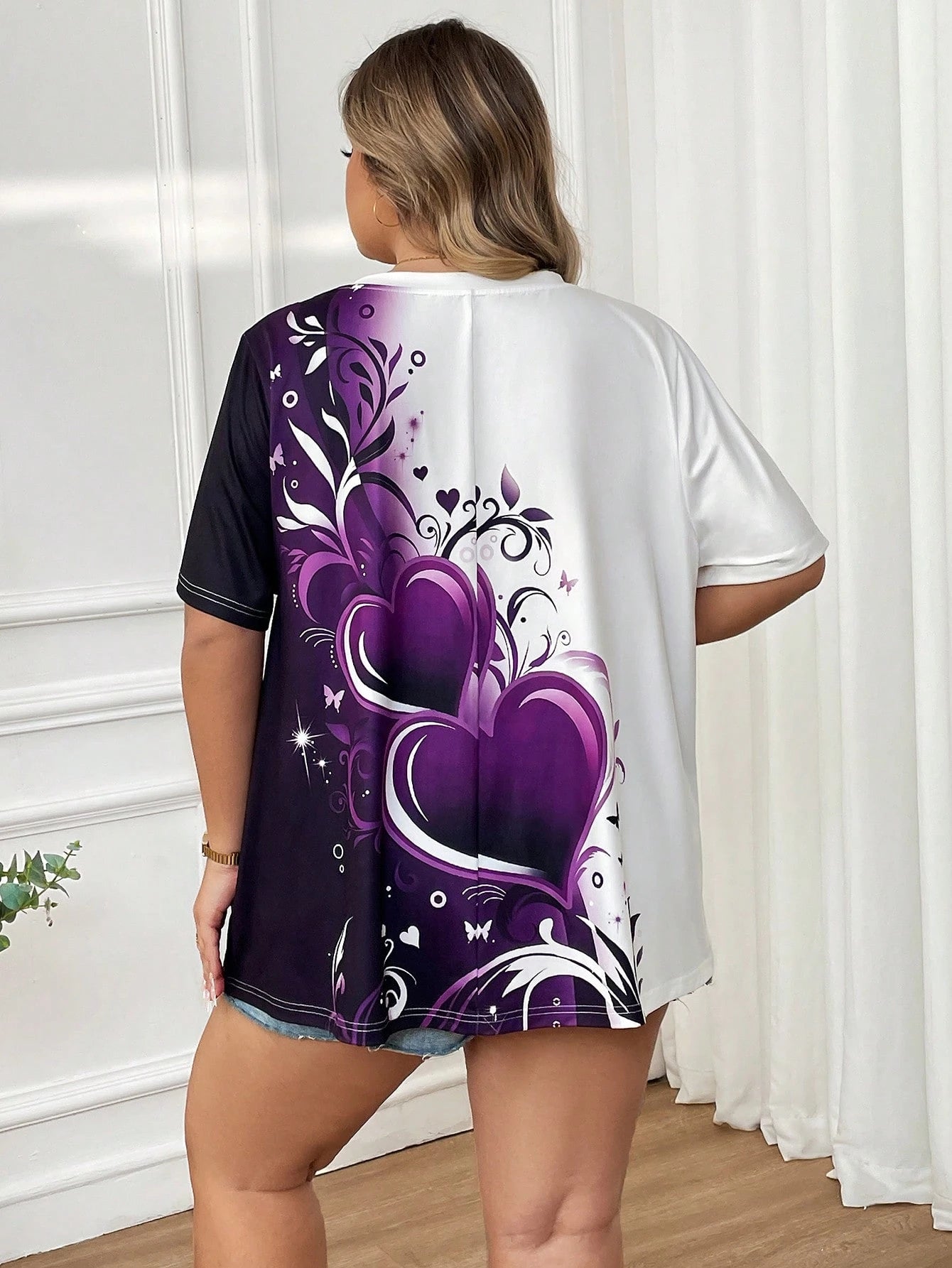 CURVE+ Plus Size Heart Ombre Printed Short Sleeve T-Shirt Vacation Bussines Black And White Summer Casual Whimsical