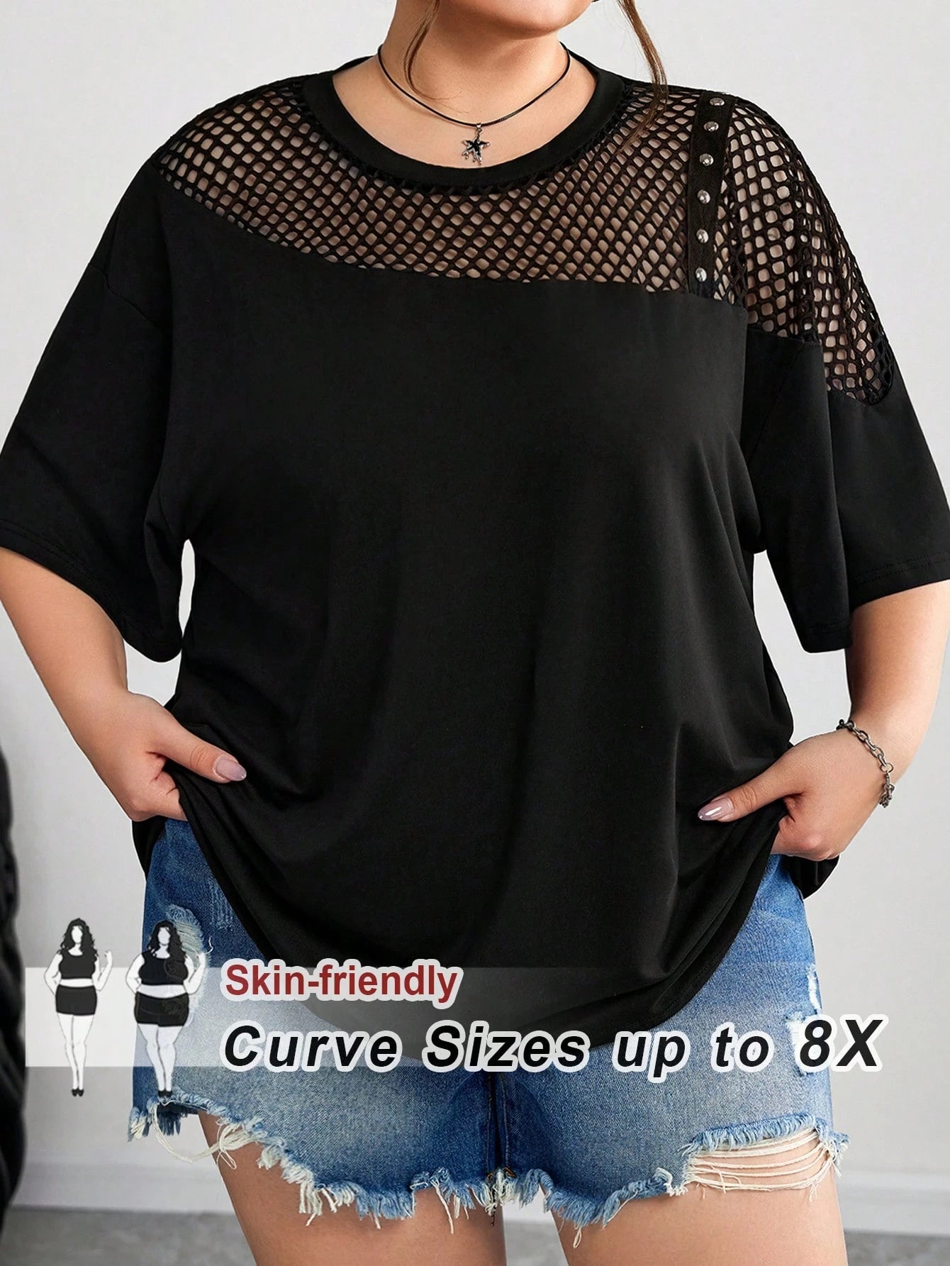 CURVE+ Plus Size Mesh Splice Loose Fit Asymmetric Neck T-Shirt, Spring/Summer/Plus Size T Shirt/Graphic Tees