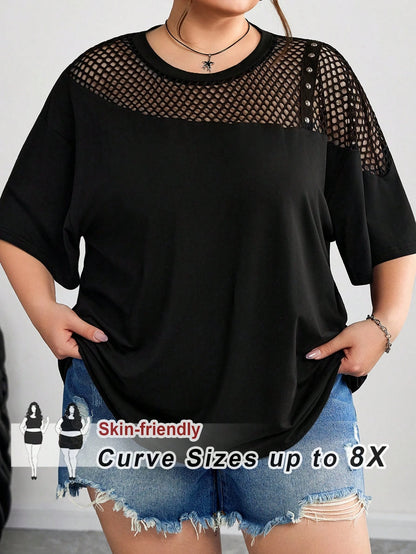 CURVE+ Plus Size Mesh Splice Loose Fit Asymmetric Neck T-Shirt, Spring/Summer/Plus Size T Shirt/Graphic Tees