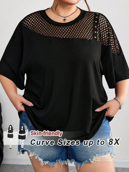 CURVE+ Plus Size Mesh Splice Loose Fit Asymmetric Neck T-Shirt, Spring/Summer/Plus Size T Shirt/Graphic Tees