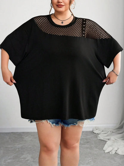 CURVE+ Plus Size Mesh Splice Loose Fit Asymmetric Neck T-Shirt, Spring/Summer/Plus Size T Shirt/Graphic Tees