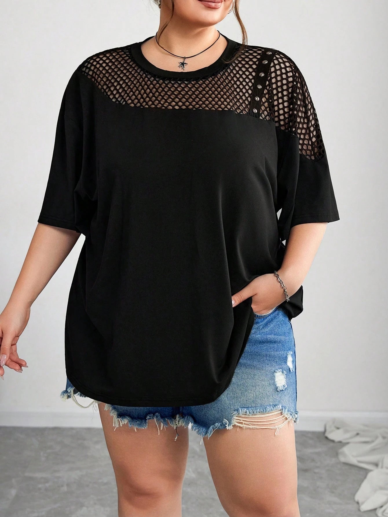 CURVE+ Plus Size Mesh Splice Loose Fit Asymmetric Neck T-Shirt, Spring/Summer/Plus Size T Shirt/Graphic Tees