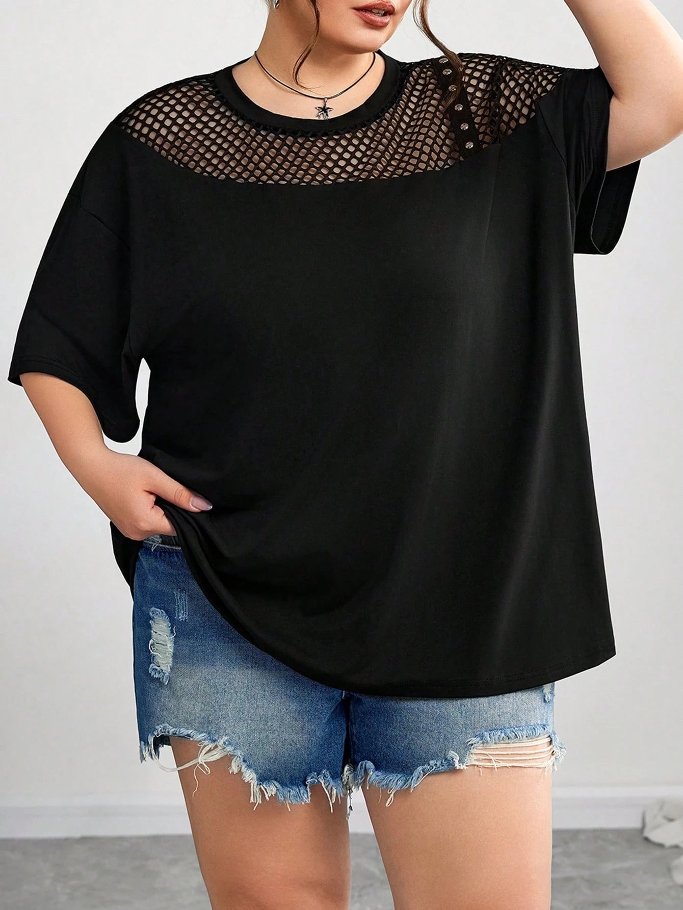 CURVE+ Plus Size Mesh Splice Loose Fit Asymmetric Neck T-Shirt, Spring/Summer/Plus Size T Shirt/Graphic Tees