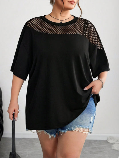 CURVE+ Plus Size Mesh Splice Loose Fit Asymmetric Neck T-Shirt, Spring/Summer/Plus Size T Shirt/Graphic Tees
