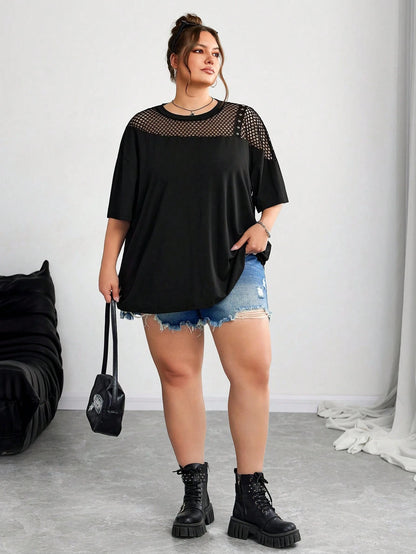 CURVE+ Plus Size Mesh Splice Loose Fit Asymmetric Neck T-Shirt, Spring/Summer/Plus Size T Shirt/Graphic Tees