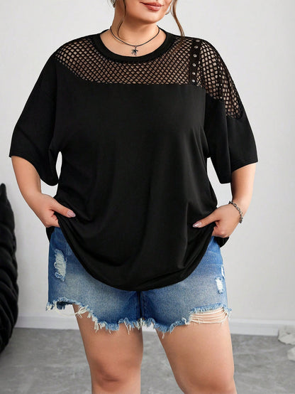 CURVE+ Plus Size Mesh Splice Loose Fit Asymmetric Neck T-Shirt, Spring/Summer/Plus Size T Shirt/Graphic Tees