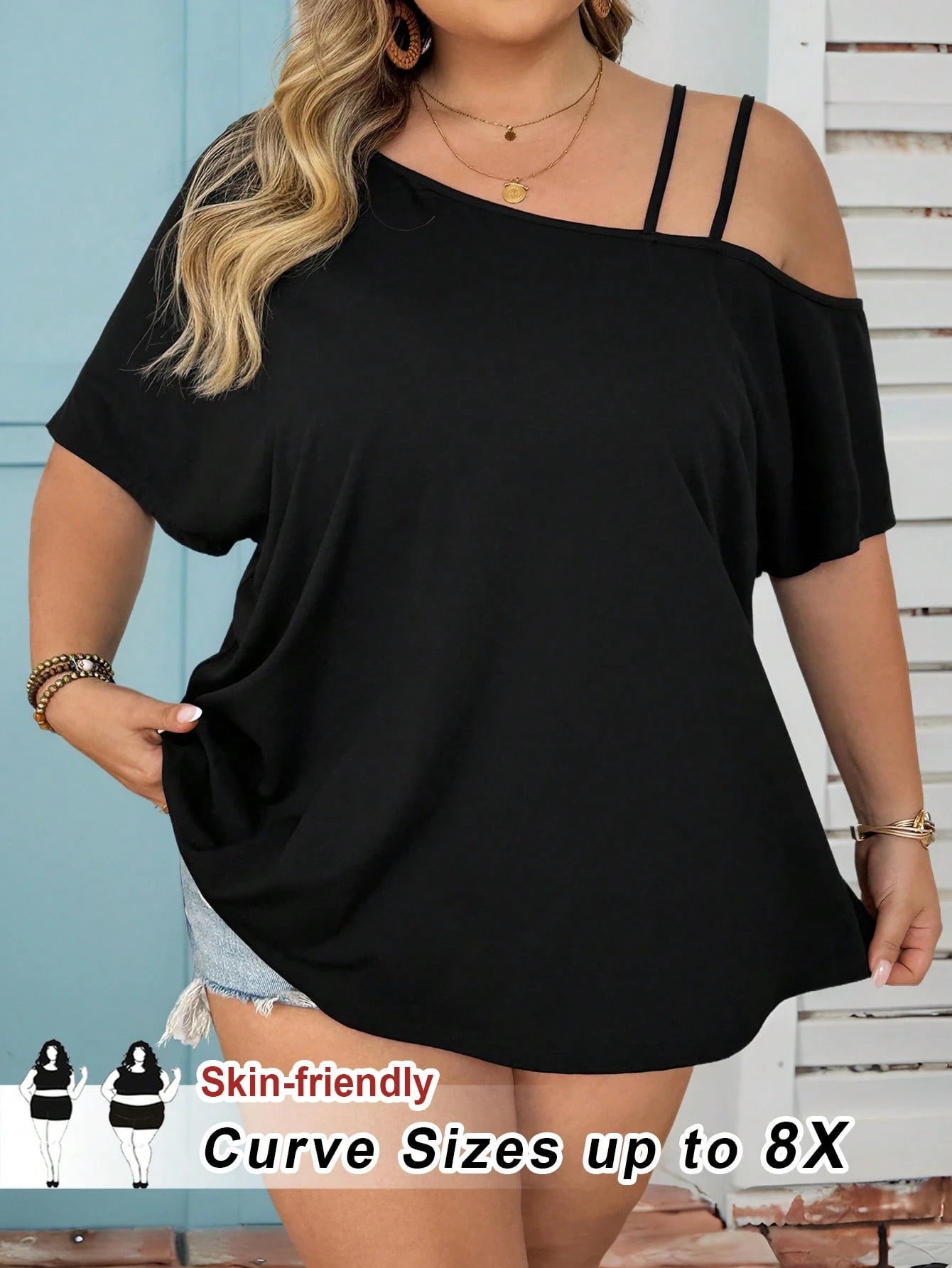 CURVE+ Plus Size Women Black Print Round Neck Short Sleeve Casual Sexy Loose T-Shirt, Spring/Summer Going Out