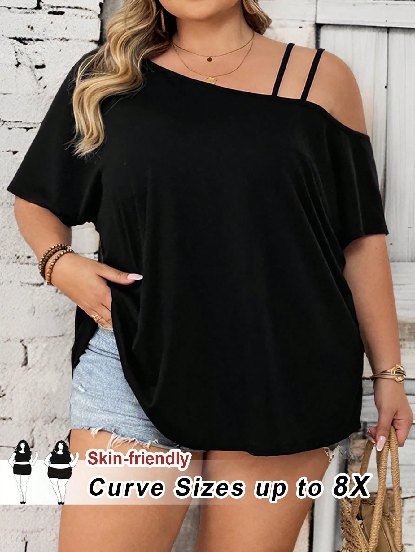 CURVE+ Plus Size Women Black Print Round Neck Short Sleeve Casual Sexy Loose T-Shirt, Spring/Summer Going Out