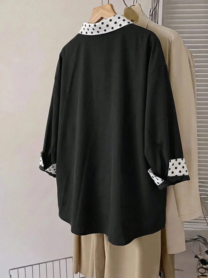 CURVE+ Plus Size Women's Autumn Casual Traditional Teachers' Day Geometric Print Long Sleeve Casual Loose Comfy Shirt,Thanks Office Formal Black