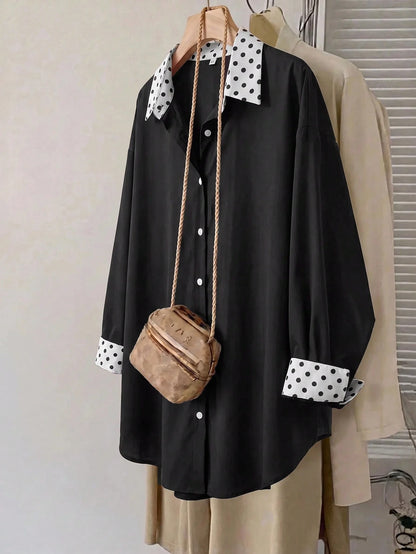 CURVE+ Plus Size Women's Autumn Casual Traditional Teachers' Day Geometric Print Long Sleeve Casual Loose Comfy Shirt,Thanks Office Formal Black