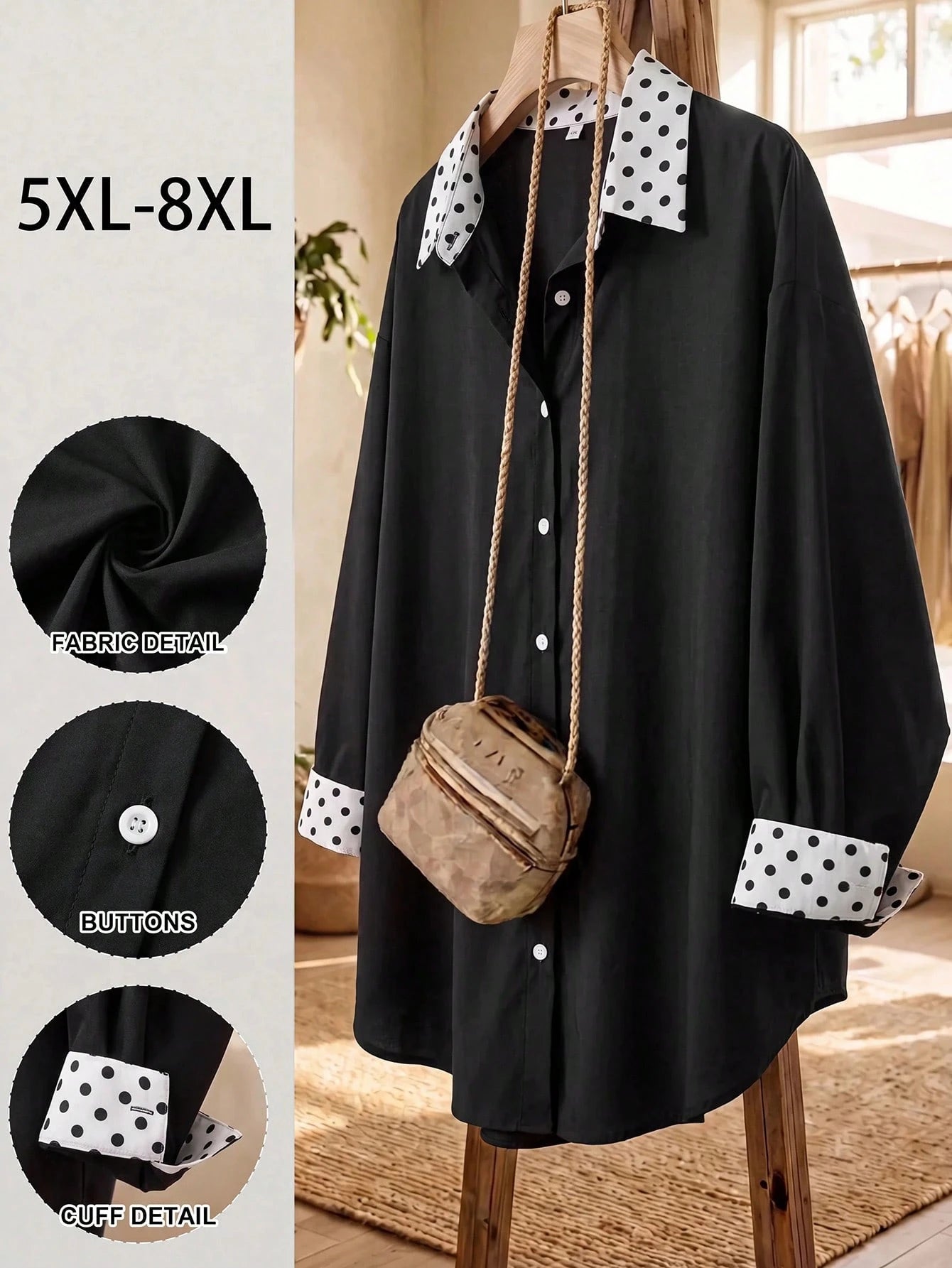 CURVE+ Plus Size Women's Autumn Casual Traditional Teachers' Day Geometric Print Long Sleeve Casual Loose Comfy Shirt,Thanks Office Formal Black