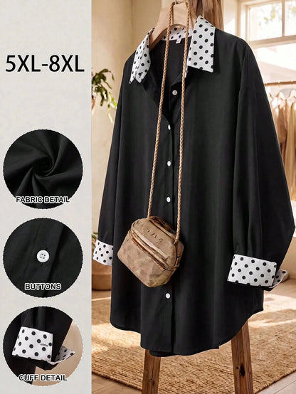 CURVE+ Plus Size Women's Autumn Casual Traditional Teachers' Day Geometric Print Long Sleeve Casual Loose Comfy Shirt,Thanks Office Formal Black