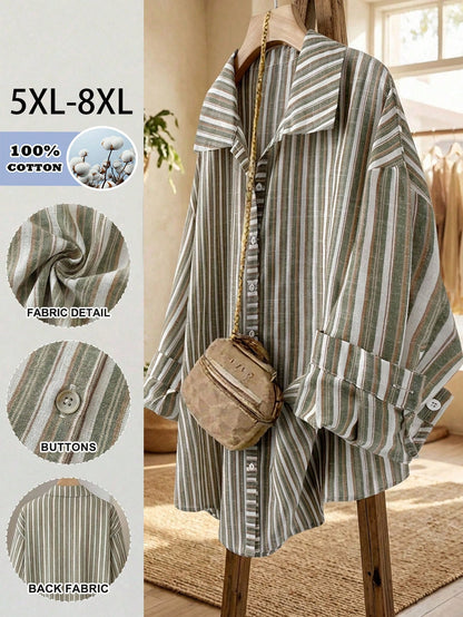 CURVE+ Plus Size Women's Autumn Casual Traditional Teachers' Day Geometric Print Long Sleeve Casual Loose Comfy Shirt,Thanks Office Formal Black