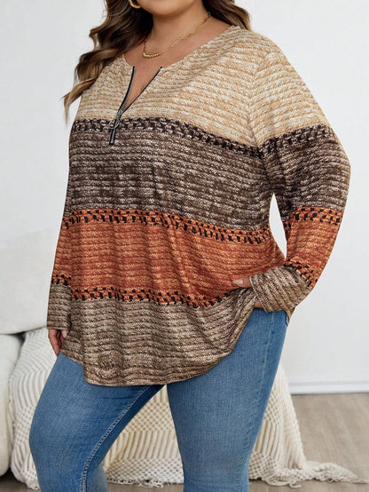 CURVE+ Plus Size Women's Christmas Brown Collar Zipper Design T-Shirt, Christmas Themed T-Shirt For Women, Plus Size Autumn/Winter Clothing Fall