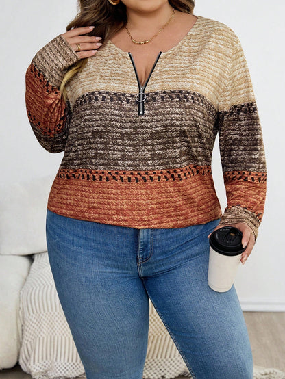 CURVE+ Plus Size Women's Christmas Brown Collar Zipper Design T-Shirt, Christmas Themed T-Shirt For Women, Plus Size Autumn/Winter Clothing Fall
