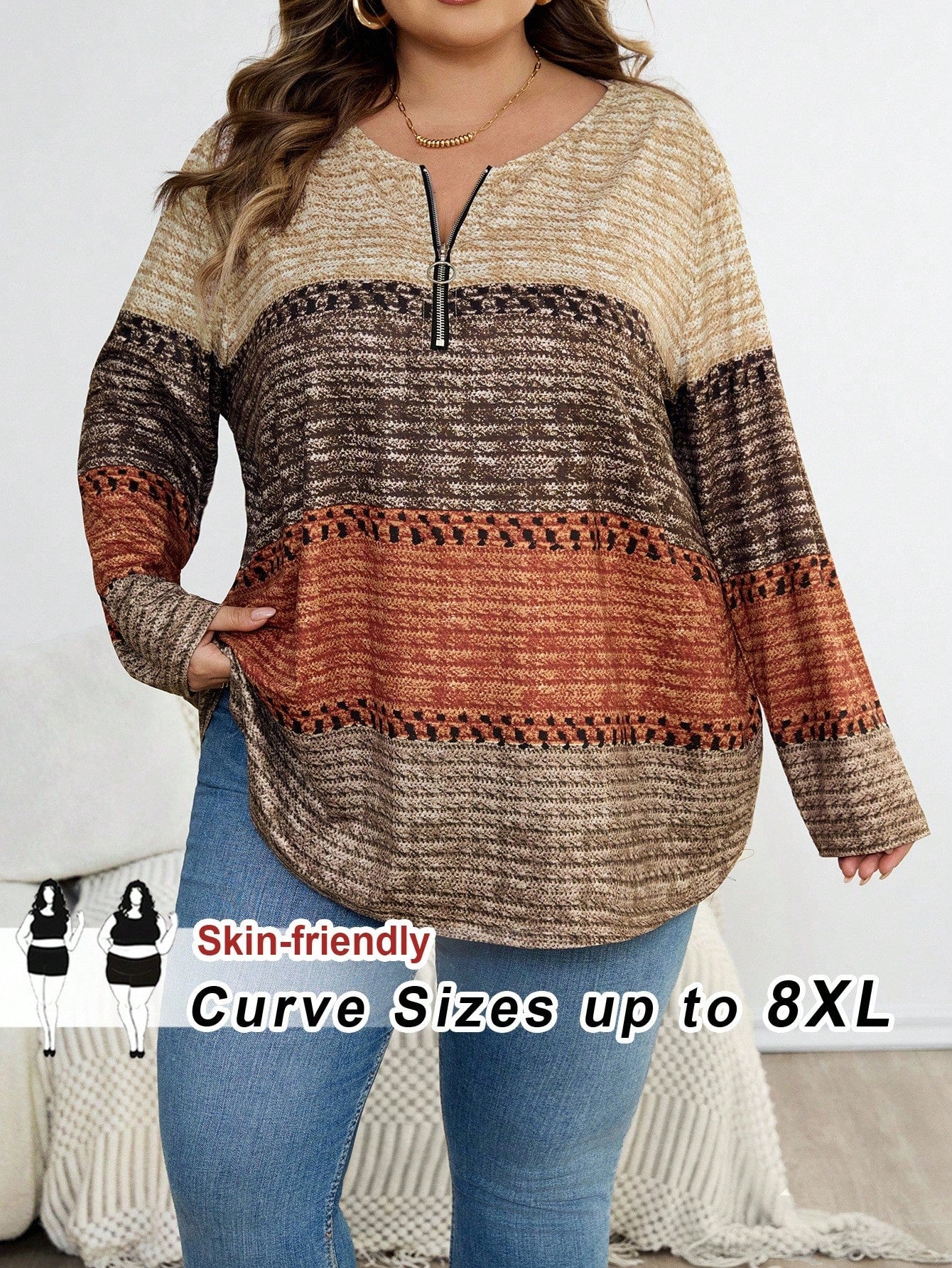CURVE+ Plus Size Women's Christmas Brown Collar Zipper Design T-Shirt, Christmas Themed T-Shirt For Women, Plus Size Autumn/Winter Clothing Fall