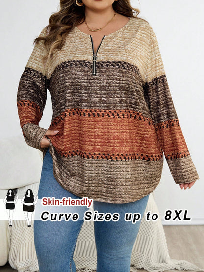 CURVE+ Plus Size Women's Christmas Brown Collar Zipper Design T-Shirt, Christmas Themed T-Shirt For Women, Plus Size Autumn/Winter Clothing Fall